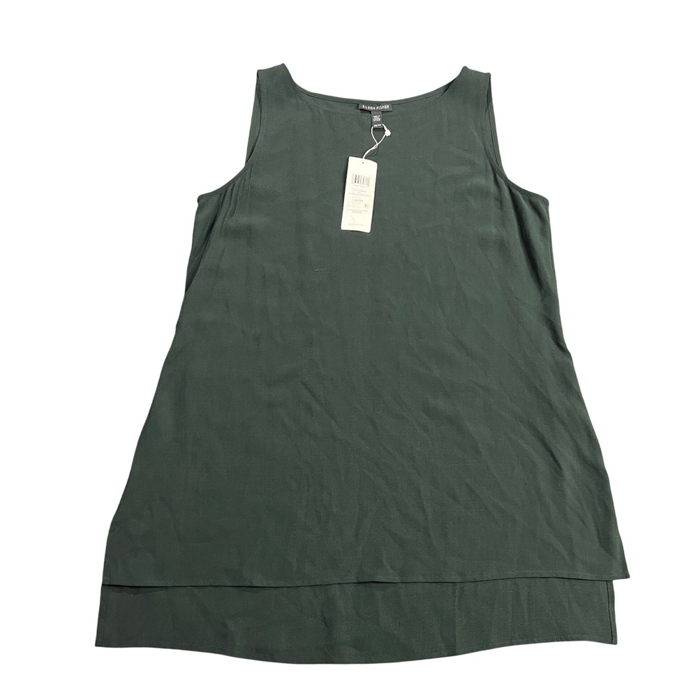NWT Eileen Fisher Womens XS Silk Bateau Neck Long Shell Sleeveless Top Ivy Green